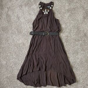 Luxology Beaded Halter Neck Dress Brown High Low Boho Tribal Belted Size L
